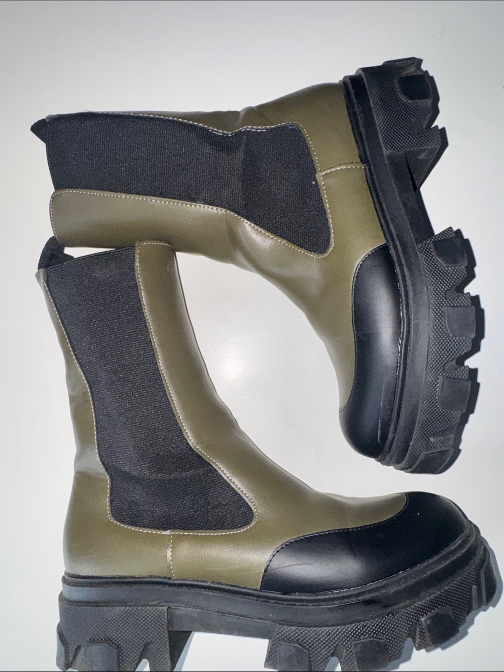 H&M Olive Green and Black Chunky Chelsea Moto Boots